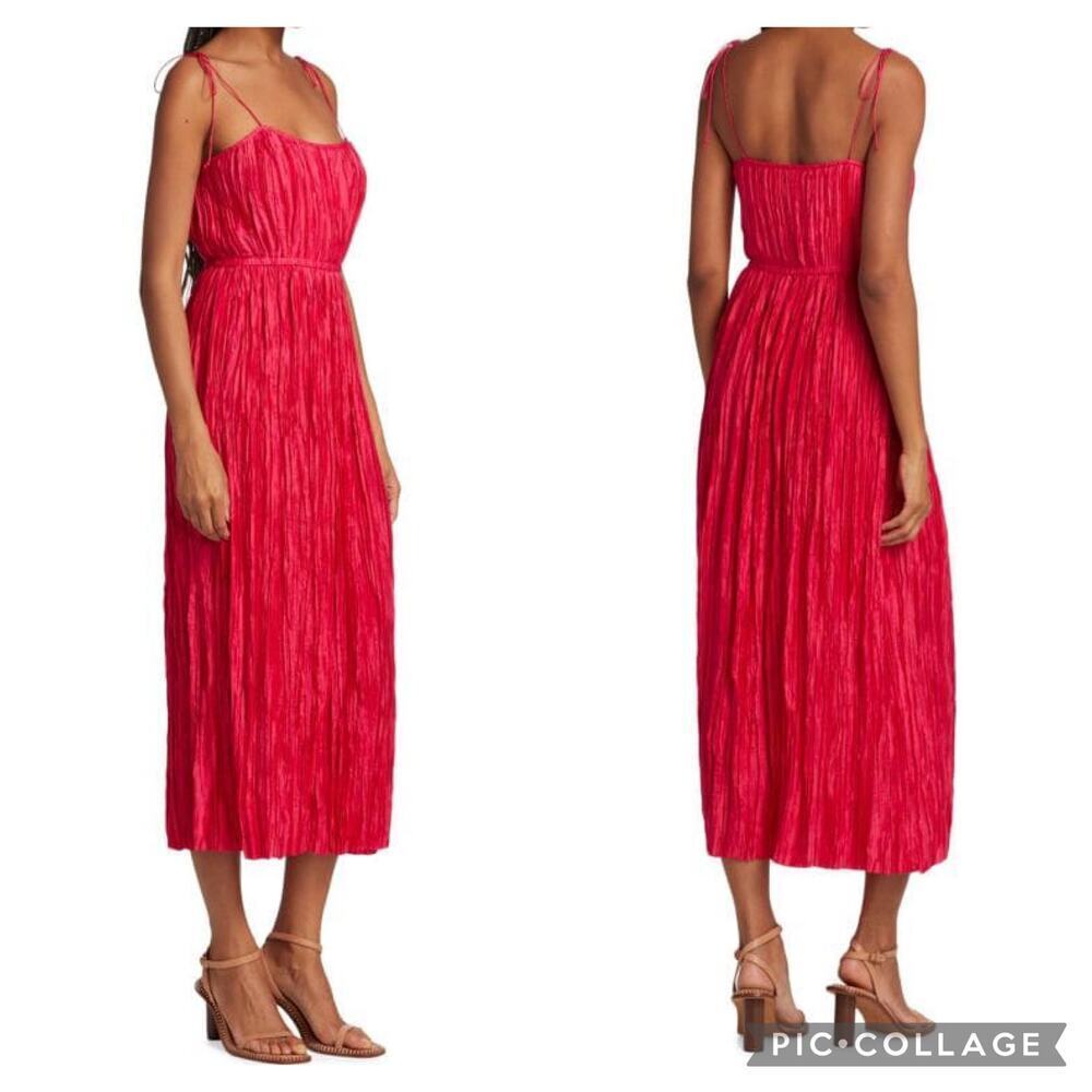 New ULLA JOHNSON Orla Tie Shoulder Satin Plissé Midi Dress in Orchard‎  Sz 12